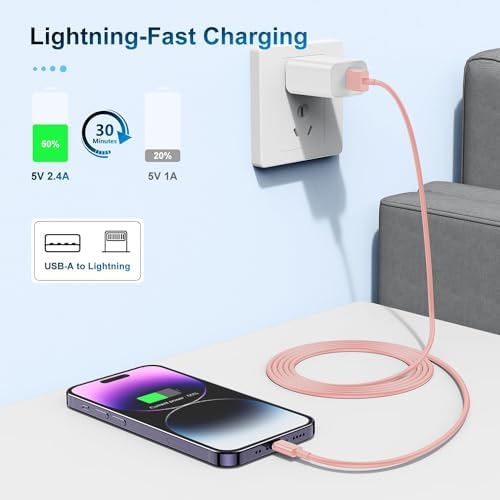 Dual Pack 6 Ft Apple MFi Certified Lightning to USB Charging Cables – Fast 2.4 A Power for i Phone 14/13/12/11/X/XS/XR/8/7/6/SE Plus Pro Max Mini – Durable and Flexible Design for Home, Office, and Travel Use – Enhanced Compatibility and Speed for Seamless Charging Experience