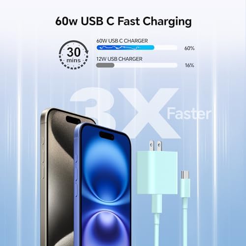 Lightning-Fast 20 W USB-C Wall Charger & 10 FT Cable for i Phone 15/16/Plus/Pro Max – Sleek Pink-Blue Power Adapter for Ultimate Charging Performance and Versatile Use