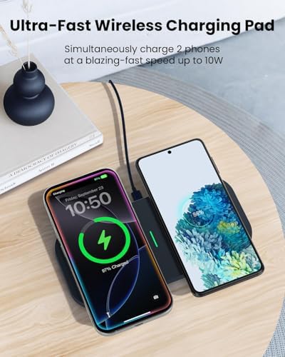 Dual Device Wireless Charging Pad – 10 W Max Fast Charger for i Phone 15/14/13/12/11 and Samsung S22/S21 – Compact & Efficient Multi-Device Charging Station with QC 24 W Adapter – Clutter-Free Power Solution for Everyday Use