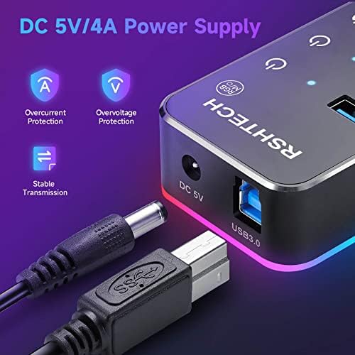 Transform Your Setup with RSHTECH RGB 7 Ports USB Hub – High-Speed USB 3.0 & USB-C Connectivity, Customizable 14-Mode LED Strip, Touch Control, 3.3 ft Cable & Power Adapter for Gamers and Creators – Sleek Aluminum Design for Enhanced Performance and Style