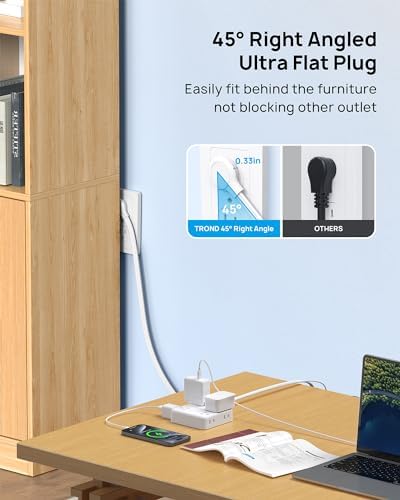 TROND 360° Rotating Plug Power Strip with 5 FT Flat Cord – 4 AC Outlets & 4 USB Ports (2 USB-C) – Wall Mount Surge Protector with 1440 Joules Safety Rating – Ultimate Travel & Home Charging Solution for Electronics and Devices