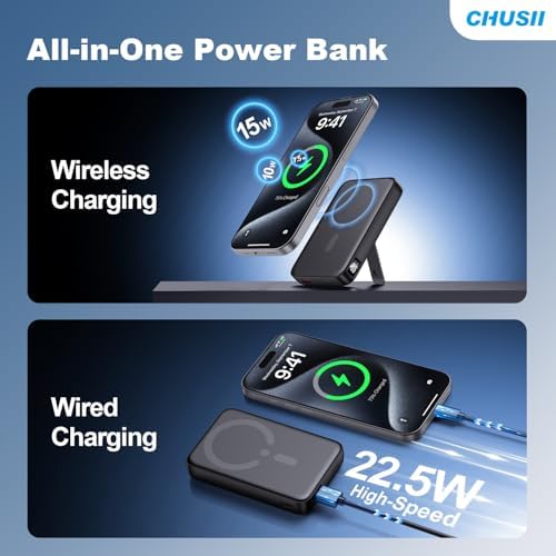 Mag Safe-Compatible 12000 m Ah Wireless Power Bank with Built-in Stand – Rapid PD 20 W Magnetic Charger for i Phone 16/15/14/13/12 Pro Series – Ultimate Travel Companion with Seamless Connectivity and Enhanced Device Usability