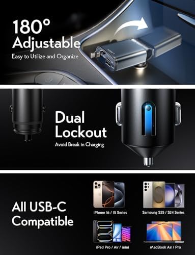 LISEN 57 W USB-C Retractable Car Charger – Ultra-Compact Fast Charging Solution for i Phone 16/15 Pro Max & Samsung Galaxy S25/24 – 75% Space-Saving Design with Enhanced Compatibility for All Android Devices – Tangle-Free Convenience for On-the-Go Power