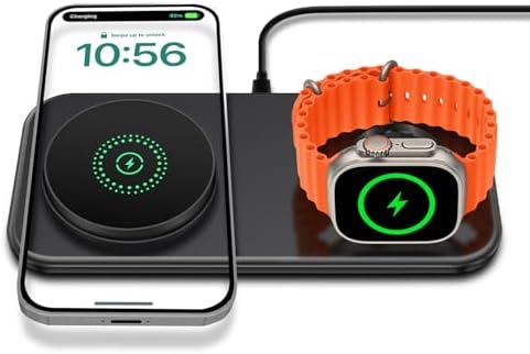 Dual Wireless Charging Station for Mag-Safe: 15 W Fast Charger Pad for i Phone 16/15/14/13/12/Pro/Max, Air Pods & Apple Watch Series 10/9/8/7/6/SE/5/4/3/Ultra 2 – Sleek Design with Enhanced Safety Features and Efficient Device Alignment
