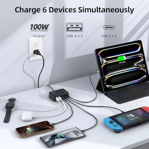 Ultimate 125 W USB-C Multi-Device Charging Station: 6-Port Fast Charger with Ga N Technology for i Phone, i Pad, Apple Watch, Galaxy S23 & More – Compact Power Hub for Home & Office Efficiency