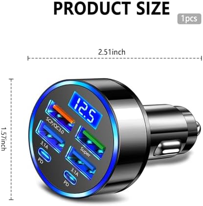Maximize On-the-Go Charging Efficiency with the 6-Port Fast Car Charger Featuring Real-Time Voltage Monitoring and Dual PD/QC3.0 Technology – Ideal for i Phone 13/14/15 & Most Android Devices – Essential Travel Companion (2 Pack)
