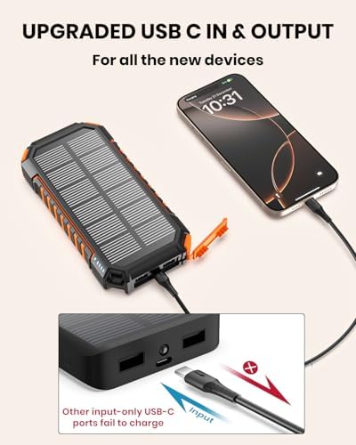 Hiluckey 27,000 m Ah Solar Power Bank with Built-in Cables – Ultra-Fast 15 W Outdoor Battery Pack for i Phone & Android – Charge 5 Devices at Once with Dual USB-A & USB-C Ports – Perfect for Camping, Travel, and Emergency Power Needs – Dual LED Flashlight for Enhanced Versatility and Safety