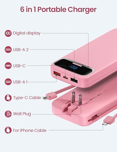 12000 m Ah Ultra-Light Portable Power Bank with Built-In Cables & AC Wall Plug – PD20 W USB-C Fast Charging for i Phone, Samsung & Android – LED Display for Battery Monitoring – Ultimate Travel Companion for Quick Device Recharging