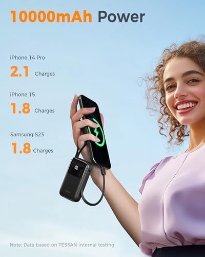 TESSAN 10000 m Ah Fast Charging Portable Power Bank with Built-in USB-C Cable – Compact Battery Pack for i Phone 16/15, Samsung & Tablets – Ultimate Travel Companion with Universal Compatibility & Rapid Recharge Technology