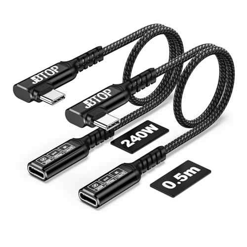 Innovative L-Shaped USB C Extension Cable (2 Pack, 6.6 Ft) – 240 W Power Delivery, 40 Gbps High-Speed Data Transfer, Durable Nylon Braided Design for i Phone 16, i Pad, Mac Book & Mag Safe – Optimal Flexibility for Tightly Spaced Connections