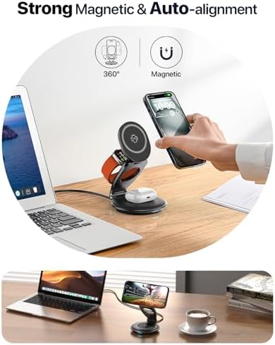 Ultimate 3-in-1 EXW Travel Charging Station for Apple Devices – Magnetic Foldable Wireless Charger for i Phone 16-12 Series, Apple Watch, and Air Pods with 30 W Fast Charger – Sleek Design for Enhanced Portability and Efficiency