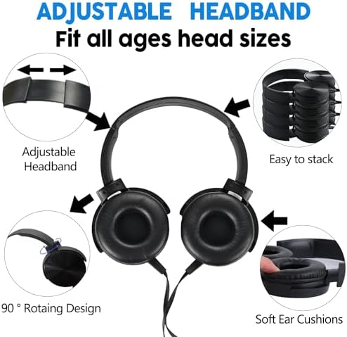 Classroom Headphones Bulk Pack – 10 On-Ear Student Headsets with Superior Stereo Sound, Comfortable Swivel Ear Pads for Engaging Learning and Online Classes – 3.5 mm Compatible for Ultimate Convenience (Black) – Perfect for Schools, Libraries, and Group Learning Activities