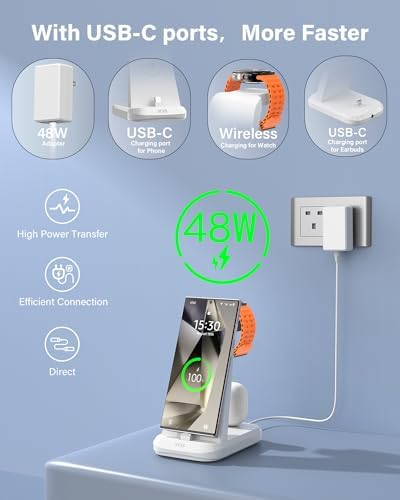 48 W Ultra-Fast 3-in-1 Charging Station for Samsung Devices – Efficiently Charge Galaxy S24/S23/S22/S21, Note20, Z Flip 5, Galaxy Watch Ultra/7/6/5/4/3, Buds2/Pro with High-Speed USB C Dock – Optimal Design for Home and Travel