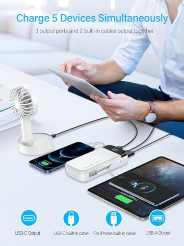 High-Capacity 32000 m Ah Portable Charger with Built-in Cables, Fast Charging Technology (22.5 W QC 3.0 & 20 W PD), Smart LED Display for Multi-Device Power Management – Sleek Blue External Battery Pack for Professionals and Travelers