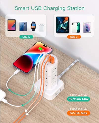 High-Performance Surge Protector Power Strip Tower with 12 AC Outlets and 4 USB Fast Charging Ports – 10 FT Extension Cord for Ultimate Flexibility, Ideal for Home, Office, and Dorm Room Essentials – Space-Saving Design with Advanced Surge Protection