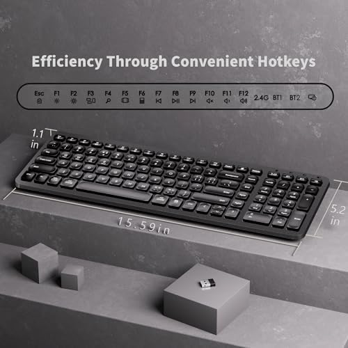 Sleek Gunmetal Bluetooth Wireless Keyboard – Ergonomic Silent Typing for Windows & i Pad – Plug & Play USB Receiver for Effortless Connectivity – Ideal for Travel and Home Office – Enhance Productivity with Dual Connectivity and Modern Design