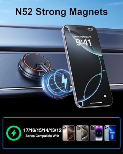 15 W Magnetic Wireless Car Charger for i Phone 12-17 Series – Ultra-Fast Charging with Secure Magnetic Suction for Dashboard & Windshield – Stylish Mag Safe-Compatible Phone Mount for Effortless On-the-Go Connectivity and Power