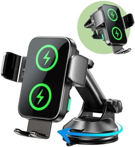 Revolutionary 15 W Dual Coil Wireless Car Charger & Auto-Clamping Phone Holder for Samsung Galaxy and i Phone Series – Effortless One-Handed Operation & Enhanced Compatibility for Safe, Fast Charging on Dash, Vent, or Windshield