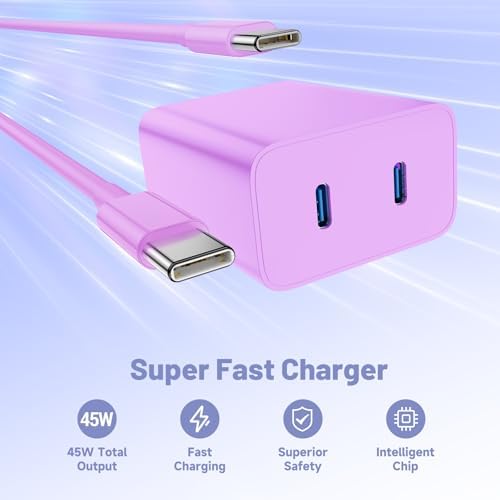 Dual-Port 45 W USB-C Wall Charger for Samsung Galaxy S25/S24 Ultra – Super Fast Charging with 2-Pack 6.6 ft Cables, PD 3.0 & PPS Technology for Enhanced Compatibility and Performance – Ideal for Mobile Professionals and Families