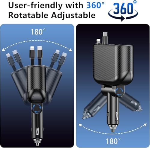 OHLPRO 168 W Retractable Car Charger Adapter – 5-in-1 Fast Charging Solution with Universal USB-C & USB i Ports, Built-in Replaceable Fuse for Enhanced Safety, Ideal for Smartphones, Tablets, GPS & More – Compact Design for Effortless Storage and Convenience