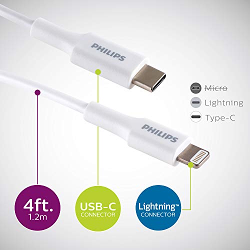 PHILIPS 3 Ft USB C to Lightning Charging Cable – Fast Charging Cord for i Phone 14/13/12 & Air Pods Pro, Durable Braided Design in Sleek Gray – Enhanced Durability and Rapid Power Delivery for Apple Devices