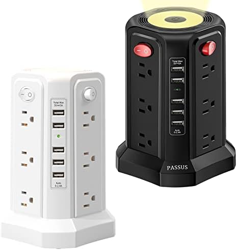 PASSUS Surge Protector Power Strip Tower with 12 AC Outlets and 5 High-Speed USB Ports – 10 FT Extension Cord with Overload Protection and Built-In Night Light for Home Office and Dorm Room – Sleek Black Design for Ultimate Charging Efficiency