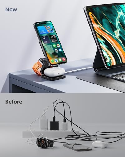 Antank 3-in-1 Magnetic Wireless Charging Station for Apple Devices – Compact Foldable Charger for i Phone 16/15/14/13/12, Air Pods Pro/2/3, and Apple Watch Series Ultra/SE/9/8/7/6/5/4/3/2/1 – Fast Charging, Enhanced Compatibility, Ideal for Travel and Home Use