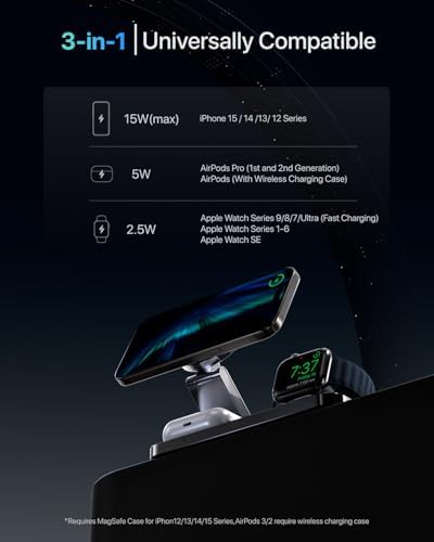 Ultimate 3-in-1 Foldable Wireless Charging Station for Apple Devices – Fast Charger for i Phone 16, 15, 14, 13, 12, Air Pods & Apple Watch – Portable & Stylish Black Design for Home & Travel Use – Anti-Slip Base for Stability – Perfect for Decluttering Your Space and Enhancing Charging Efficiency
