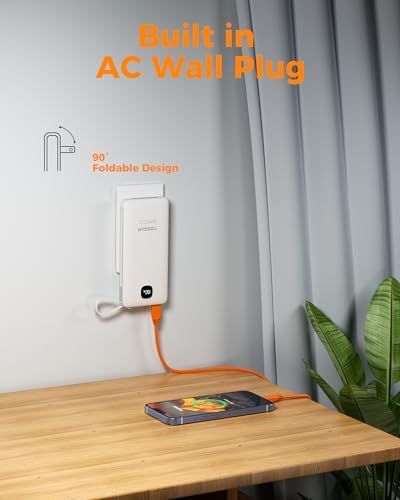 TESSAN 10,000 m Ah Portable Charger with Built-In Cables and Fast 20 W Charging – Compact Power Bank with Foldable Wall Plug for i Phone 16/15, Samsung, and Tablets – Essential Travel Companion for Uninterrupted Device Power