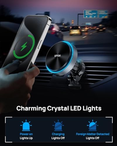 KPON Mag Safe Wireless Car Charger Mount – 15 W Fast Charging Magnetic Holder for i Phone 12-16 & Samsung Devices with Mag Safe Cases – Ultimate Convenience for Navigation & Hands-Free Calls in Your Vehicle – Sleek, Durable Design for Enhanced Driving Experience