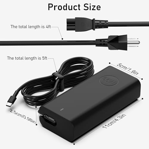 Ultra-Slim 65 W USB-C Laptop Charger for Dell – Fast Charging AC Adapter Compatible with Latitude, Inspiron, Chromebook & XPS – Optimized for Professionals with Superior Safety Features and Portability