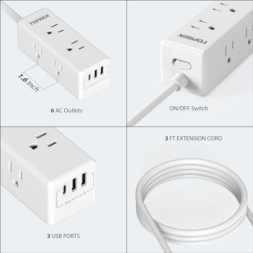 Universal European Travel Plug Adapter with USB-C – TOPREK 9-in-1 Power Strip for US to Europe with 6 Outlets & 3 USB Ports, 3 FT Extension Cord for Seamless Charging in Germany, France, Spain, Greece, and More – Ideal for Hotel and Airport Use