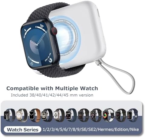 Ultimate 3-in-1 Wireless Watch Charger Power Bank: 5000 m Ah Portable Travel Charger with Dual USB-C Cables – Rapid Charging for Apple Watch Series 1-9 & i Phone 15/Samsung – Lightweight Design with Advanced Safety Features for Hassle-Free On-the-Go Charging