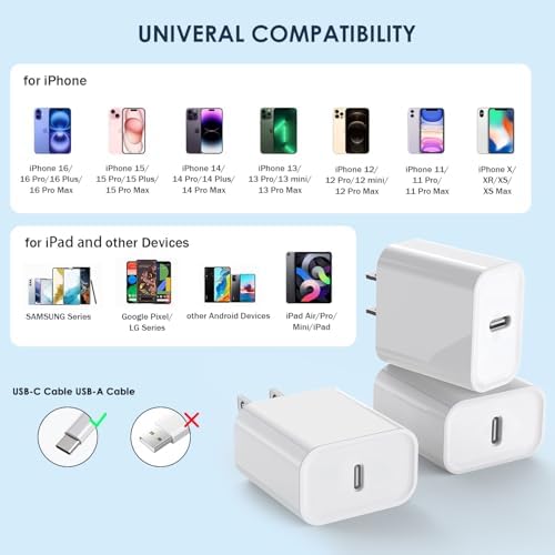 Ultra-Fast 20 W USB-C Wall Charger Block for i Phone 16/15 – 3-Pack Super Charging Adapter for i Phone, i Pad & Air Pods – Compact PD Type C Power Delivery Solution with Enhanced Compatibility & Safety Features