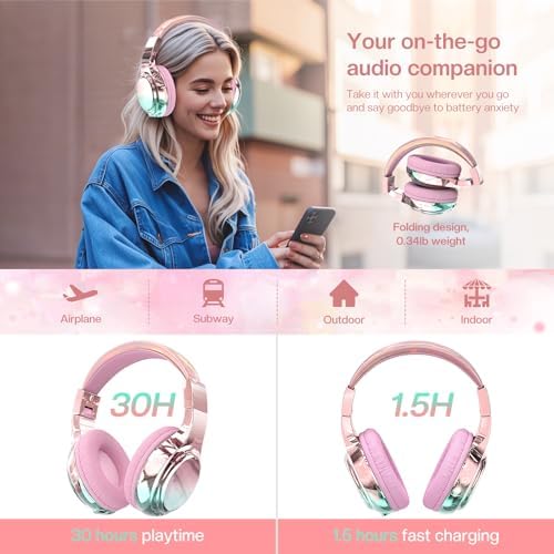 Qear Fun Kids Bluetooth 5.3 Headphones – Ultra-Lightweight Foldable Wireless Headset with Rapid Charging and Integrated Microphone for Seamless School and Travel Listening – Trendy Metallic Gradient Finish for Young Music Lovers – Perfectly Compatible with Tablets and i Pads – Superior Comfort and Sound Quality for Young Listeners