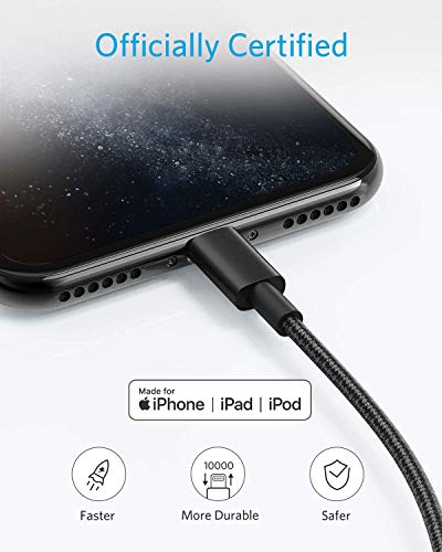 Anker 6 ft Durable Double-Braided Nylon Lightning Cable – Apple MFi Certified for Fast Charging and Data Transfer with i Phone and i Pad Compatibility – Premium Quality Accessory for Reliable Performance (Black)