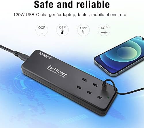 Transform Your Charging Experience with the 120 W Ga N 6-Port USB-C Charging Hub – Ultra-Fast Multi-Device Power Station for Mac Book Pro/Air, i Phone 14/13/12, Tablets, and More – Sleek Black Design for Ultimate Portability and Efficiency