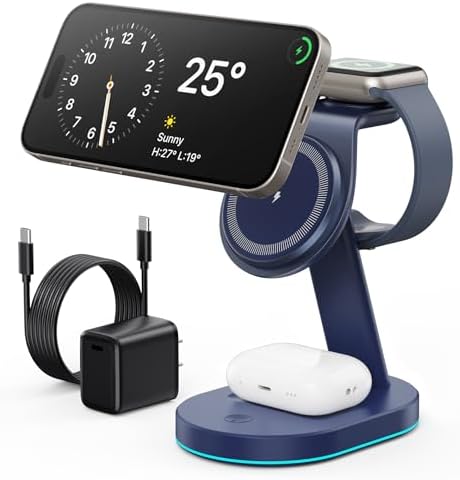Ultimate 3-in-1 Wireless Charging Station for i Phone, Apple Watch, and Air Pods – Qi2 Certified 15 W Magnetic Charger with 30 W USB-C Adapter & Integrated Night Light – Streamlined Design for i Phone 16/15/14/13/12 – Superior Speed and Enhanced Compatibility for Modern Tech Users