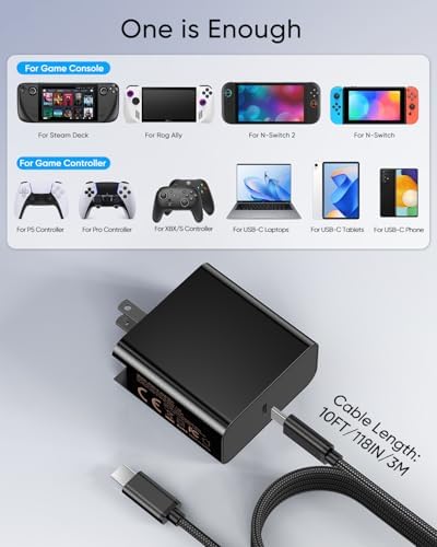MENEEA 65 W Fast Charger with 10 FT Cable – Optimal Power Solution for Nintendo Switch 2, Steam Deck, & ROG Ally – Advanced PD 3.0 Technology for Swift Charging & Enhanced Gaming Performance – Compact Foldable AC Adapter for Convenient Use & Controller Compatibility