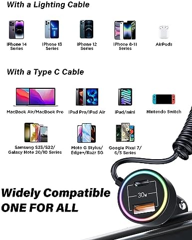 75 W USB-C Car Charger with 6 ft Coiled Cable – Ultra-Fast PD & QC3.0 Charging for i Phone 15/14, i Pad Pro, Samsung S23 Ultra, and Android – Optimal Compatibility & Performance on the Go