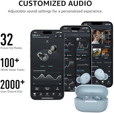 TOZO A1 Wireless Earbuds – Bluetooth 5.3 Lightweight IPX5 Waterproof Earphones with Dual Mic for AI Calls, Immersive Sound Experience, Customizable 32 EQ Presets via App, Ergonomic Fit & Portable Charging Case for Active Lifestyles