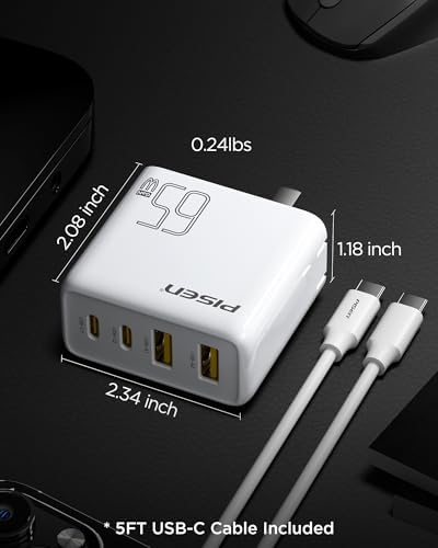 PISEN 65 W Ga N USB-C Fast Charger | 4-Port Compact Wall Adapter with 4 FT Cable | Ultimate Charging Solution for Mac Book Pro, i Pad Pro, Galaxy S23 & i Phone Series | Enhanced Speed, Energy Efficiency & Travel-Friendly Design