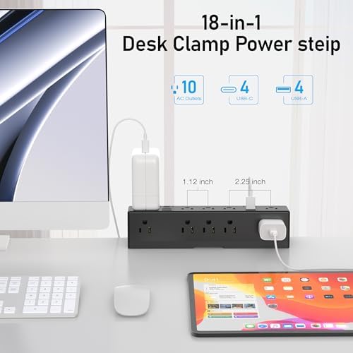 VILONG 40 W Fast Charging Station – Advanced Desk Clamp Power Strip with 8 USB Ports (4 USB-C) and 10 AC Outlets – Perfect for Home & Office Use with 10 Ft Cord – Secure Mount Surge Protector for Clutter-Free Charging Solutions