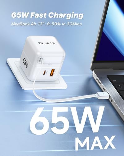 65 W USB-C Travel Charger with Retractable Cable – Dual Port Fast Charging Block for i Phone 16/15 Pro Max, Mac Book Air, and Galaxy – Compact, Foldable Design for Ultimate Portability and Enhanced Compatibility