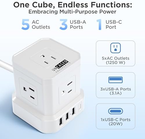 Uncaged Ergonomics Cube Power Strip with 10 ft Extension Cord – Surge Protected Charging Station Featuring 5 AC Outlets, 3 USB Charging Ports (1 USB-C Fast Charger) and On/Off Switch for Ultimate Convenience and Safety
