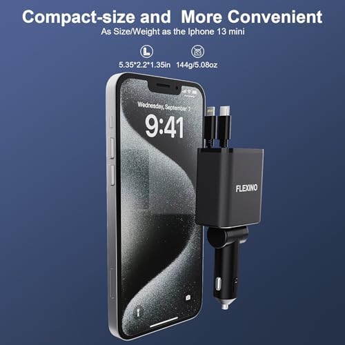 Flexino 69 W Retractable Car Charger for i Phone 16 & Galaxy – Dual USB-C Fast Charging Adapter with 2.6 ft Cords for Seamless Road Power – Compact, Stylish, and Versatile Car Charger Accessory for All Devices