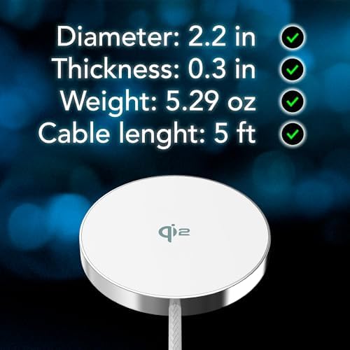 Magnetic Qi2 Certified Wireless Charger with 20 W Wall Adapter – 15 W Fast Charging Solution for i Phone 12-16, Featuring 5 ft Extra-Long Braided USB-C Cable for Enhanced Reliability and Portability
