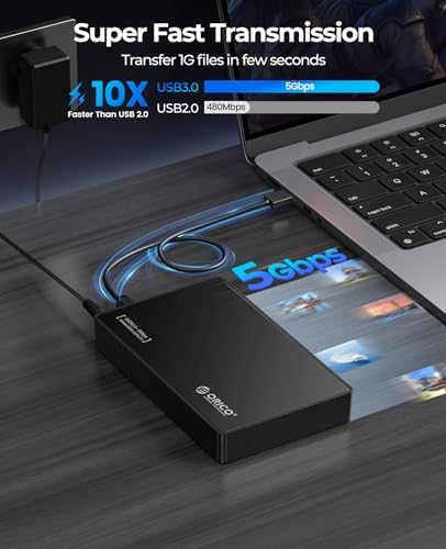 ORICO USB 3.0 External Hard Drive Enclosure for 3.5/2.5 Inch SATA Drives – Effortless Tool-Free Setup, 20 TB Capacity, UASP Acceleration for Superior Data Transfer Speeds, and Reliable 12 V/2 A Power Supply – Ideal Solution for Expanding Storage and Secure Data Transfers