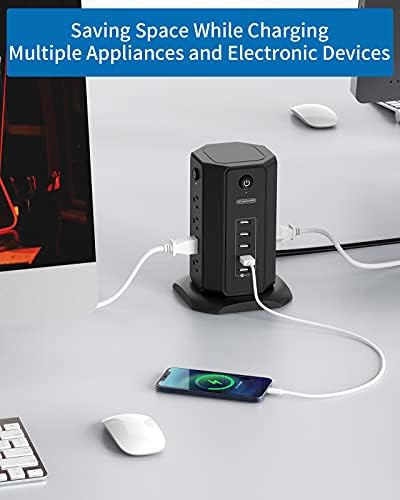 10 ft NTONPOWER Power Strip Tower with 8 Outlets & 5 USB Ports – Premium Surge Protector with Individual Switches, 1080 Joules Protection, 13 A Circuit Breaker – Ideal for Home Office & Entertainment Setup, Sleek Black Design for Ultimate Convenience