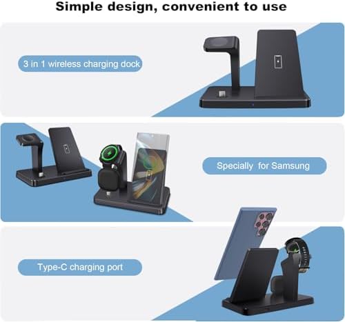 3-in-1 Fast Wireless Charging Station for Samsung Devices – Ultra-Compatible Dock for Galaxy S25/S24/S23/Z Fold/Flip, Galaxy Watch Ultra/7/6/5, and Galaxy Buds – Sleek Design with Case-Friendly Charging and Advanced Safety Features – Ideal for Home, Office, and Multi-User Environments – (Black)